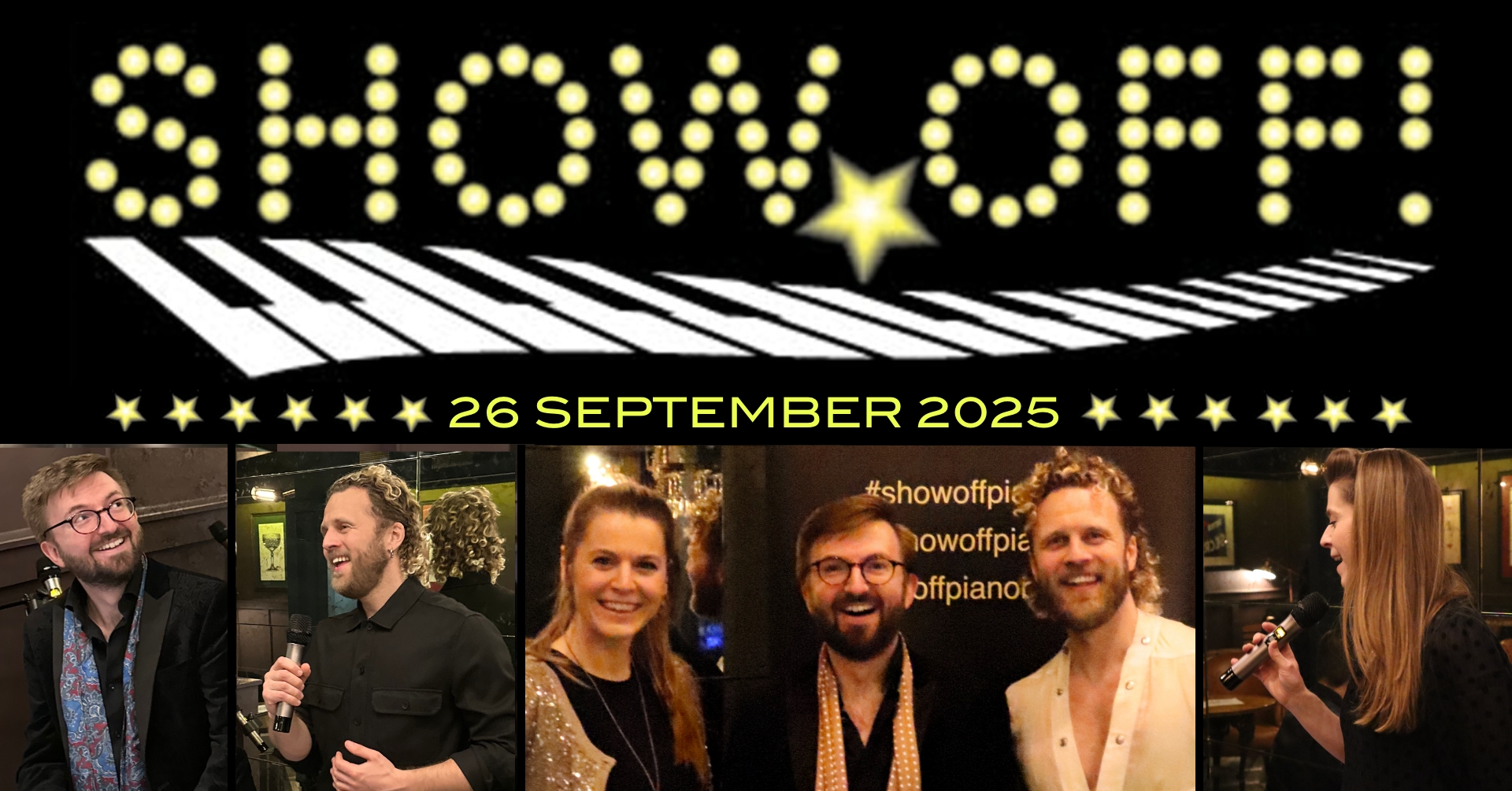 Banner for 26 September 2025 Show Off! night, with logo, date and photos of Robert Hazle, Matthew Gent and Tasha Sheridan